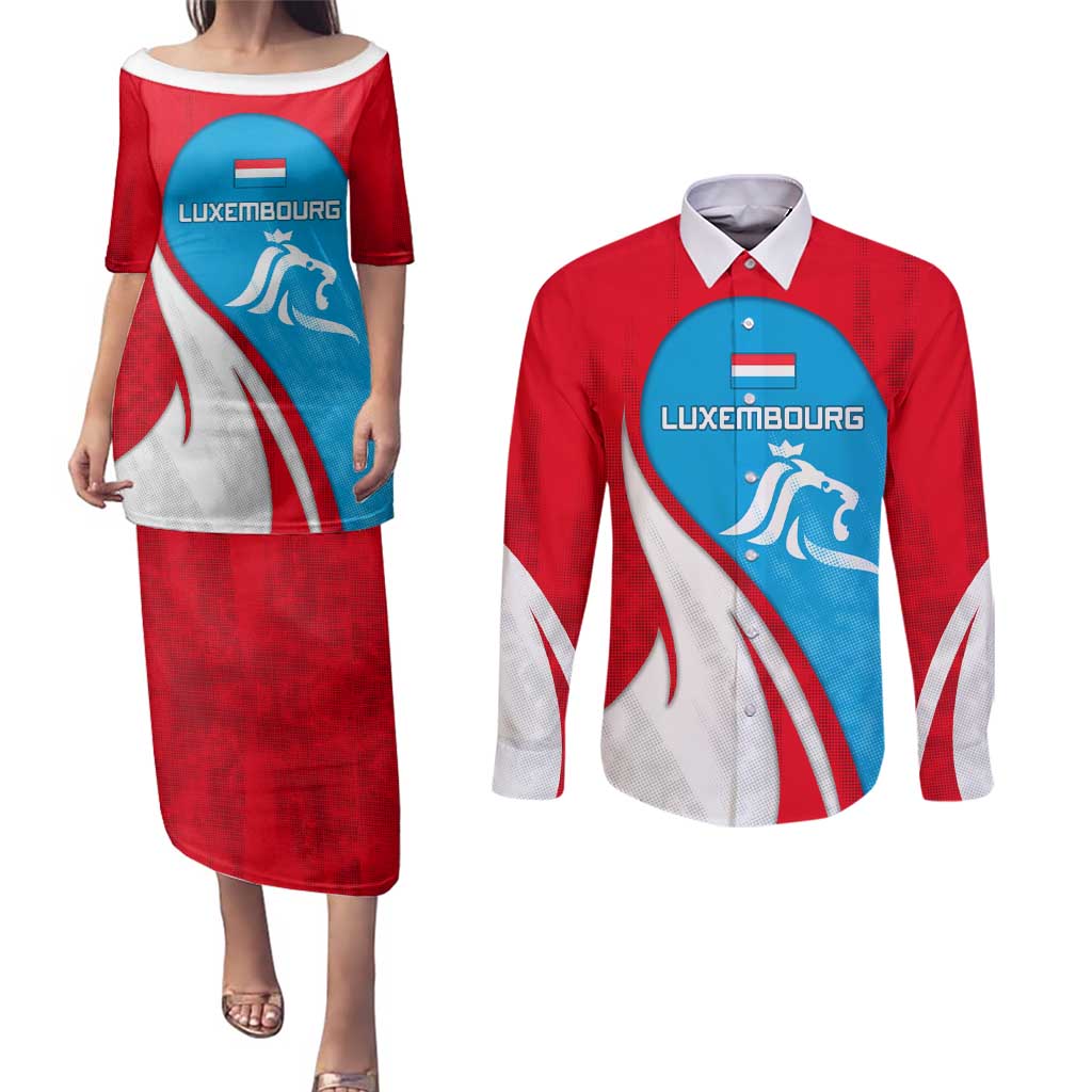Luxembourg Couples Matching Puletasi and Long Sleeve Button Shirt with National Flag Colors and White Lion Crest Design
