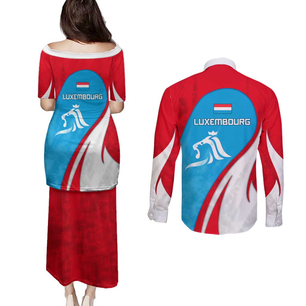 Luxembourg Couples Matching Puletasi and Long Sleeve Button Shirt with National Flag Colors and White Lion Crest Design