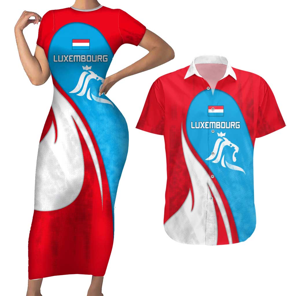 Luxembourg Couples Matching Short Sleeve Bodycon Dress and Hawaiian Shirt with National Flag Colors and White Lion Crest Design