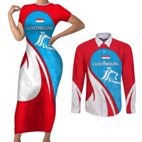 Luxembourg Couples Matching Short Sleeve Bodycon Dress and Long Sleeve Button Shirt with National Flag Colors and White Lion Crest Design