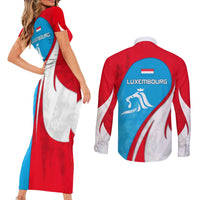 Luxembourg Couples Matching Short Sleeve Bodycon Dress and Long Sleeve Button Shirt with National Flag Colors and White Lion Crest Design