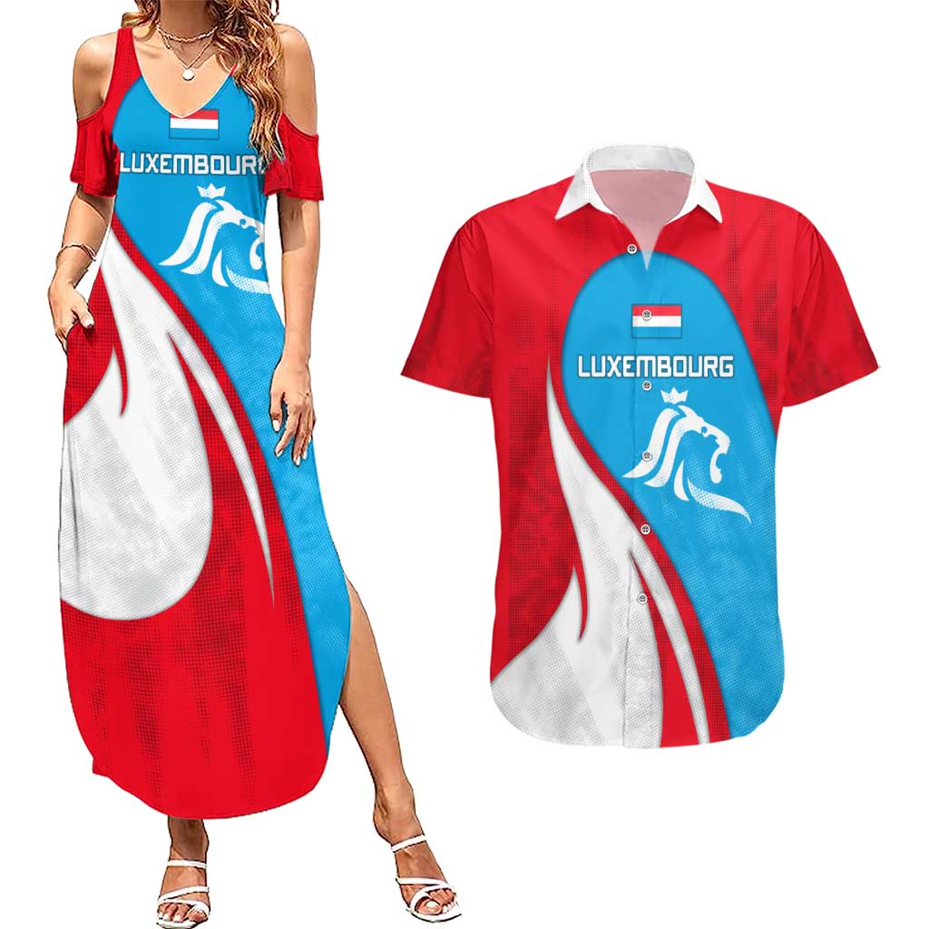 Luxembourg Couples Matching Summer Maxi Dress and Hawaiian Shirt with National Flag Colors and White Lion Crest Design
