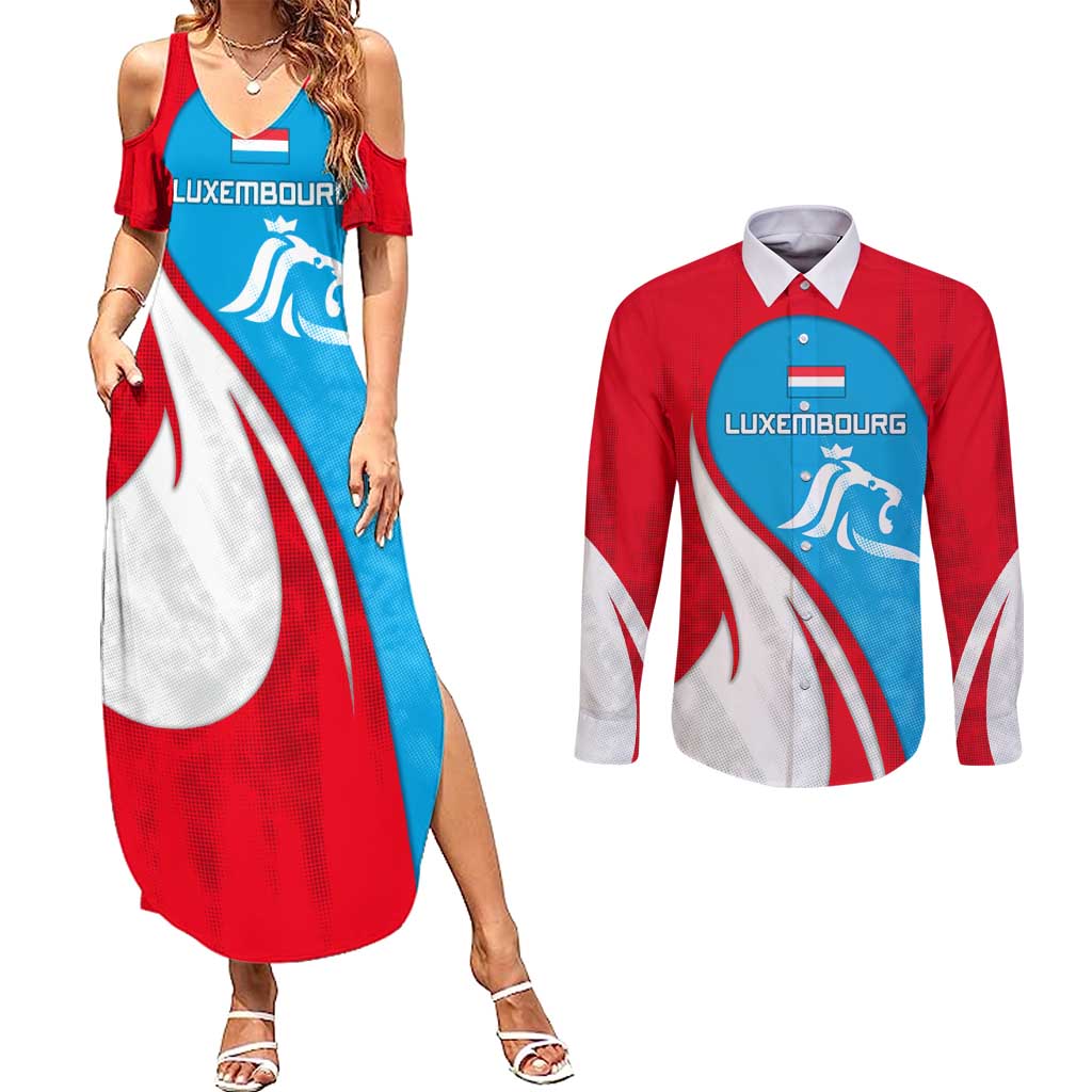 Luxembourg Couples Matching Summer Maxi Dress and Long Sleeve Button Shirt with National Flag Colors and White Lion Crest Design