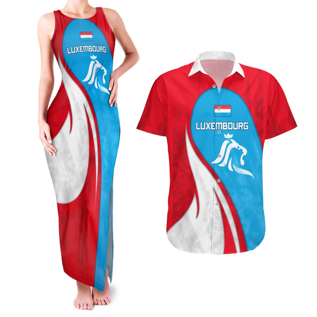 Luxembourg Couples Matching Tank Maxi Dress and Hawaiian Shirt with National Flag Colors and White Lion Crest Design