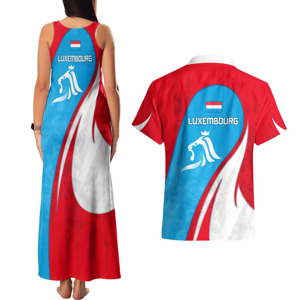 Luxembourg Couples Matching Tank Maxi Dress and Hawaiian Shirt with National Flag Colors and White Lion Crest Design