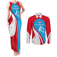 Luxembourg Couples Matching Tank Maxi Dress and Long Sleeve Button Shirt with National Flag Colors and White Lion Crest Design