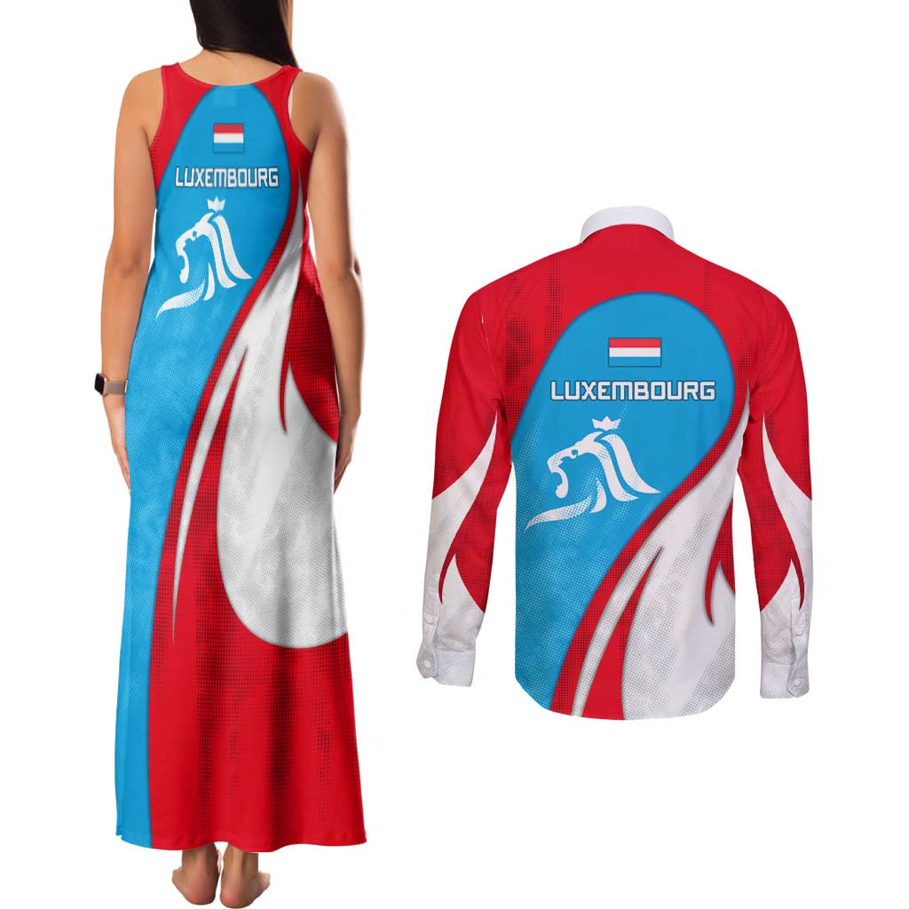 Luxembourg Couples Matching Tank Maxi Dress and Long Sleeve Button Shirt with National Flag Colors and White Lion Crest Design
