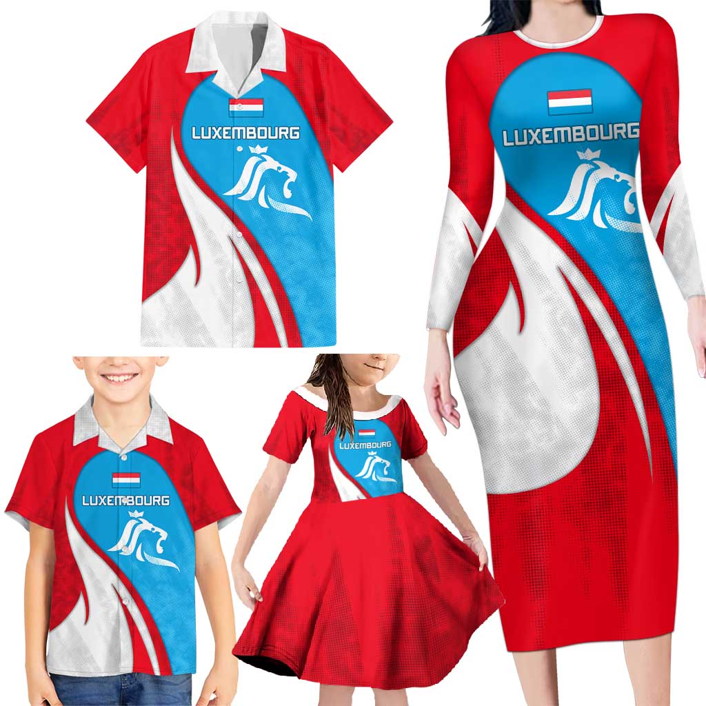 Luxembourg Family Matching Long Sleeve Bodycon Dress and Hawaiian Shirt with National Flag Colors and White Lion Crest Design
