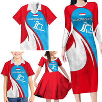 Luxembourg Family Matching Long Sleeve Bodycon Dress and Hawaiian Shirt with National Flag Colors and White Lion Crest Design