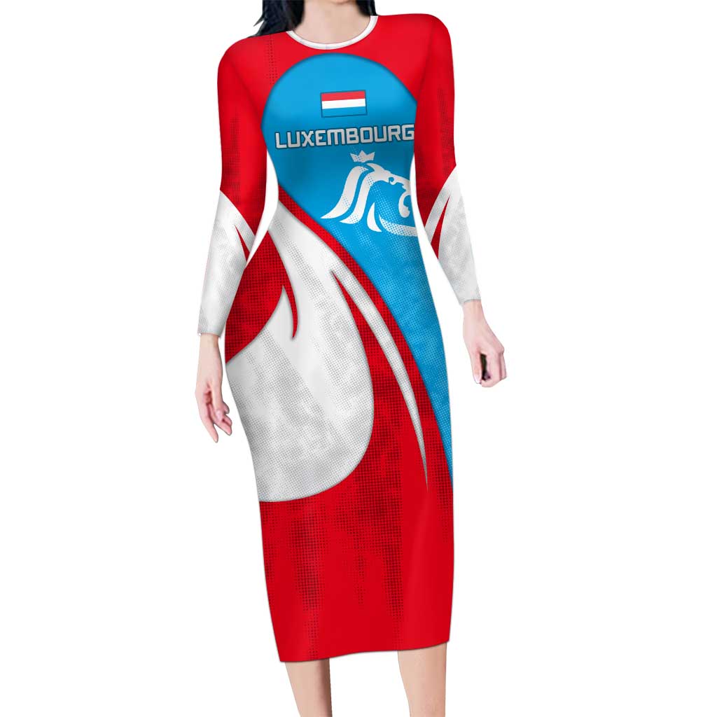 Luxembourg Family Matching Long Sleeve Bodycon Dress and Hawaiian Shirt with National Flag Colors and White Lion Crest Design