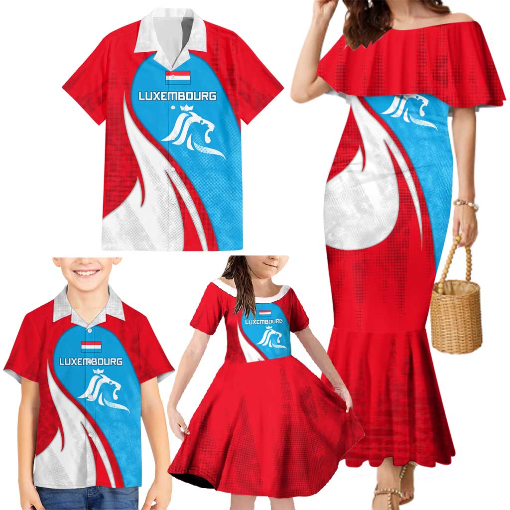 Luxembourg Family Matching Mermaid Dress and Hawaiian Shirt with National Flag Colors and White Lion Crest Design