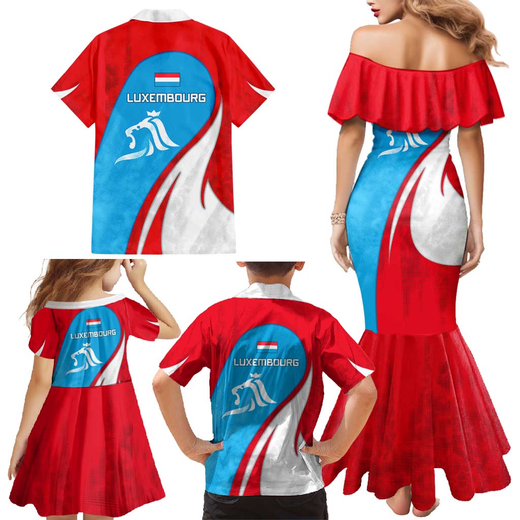 Luxembourg Family Matching Mermaid Dress and Hawaiian Shirt with National Flag Colors and White Lion Crest Design