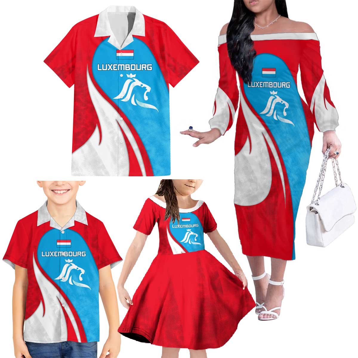 Luxembourg Family Matching Off The Shoulder Long Sleeve Dress and Hawaiian Shirt with National Flag Colors and White Lion Crest Design