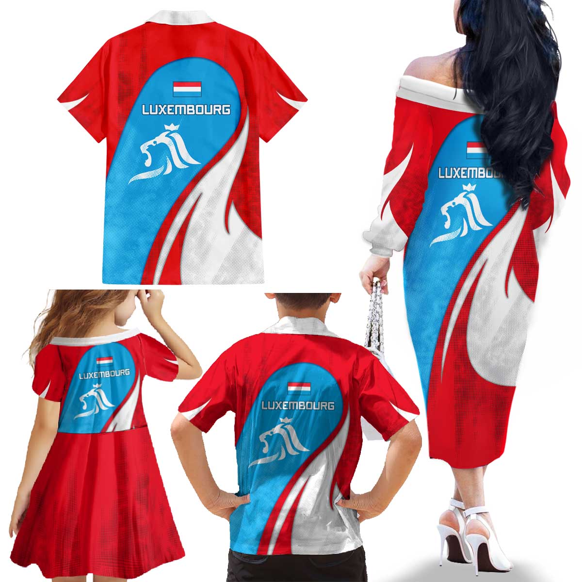 Luxembourg Family Matching Off The Shoulder Long Sleeve Dress and Hawaiian Shirt with National Flag Colors and White Lion Crest Design