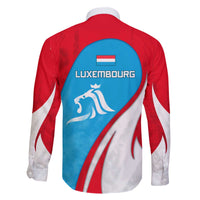 Luxembourg Family Matching Off The Shoulder Long Sleeve Dress and Hawaiian Shirt with National Flag Colors and White Lion Crest Design