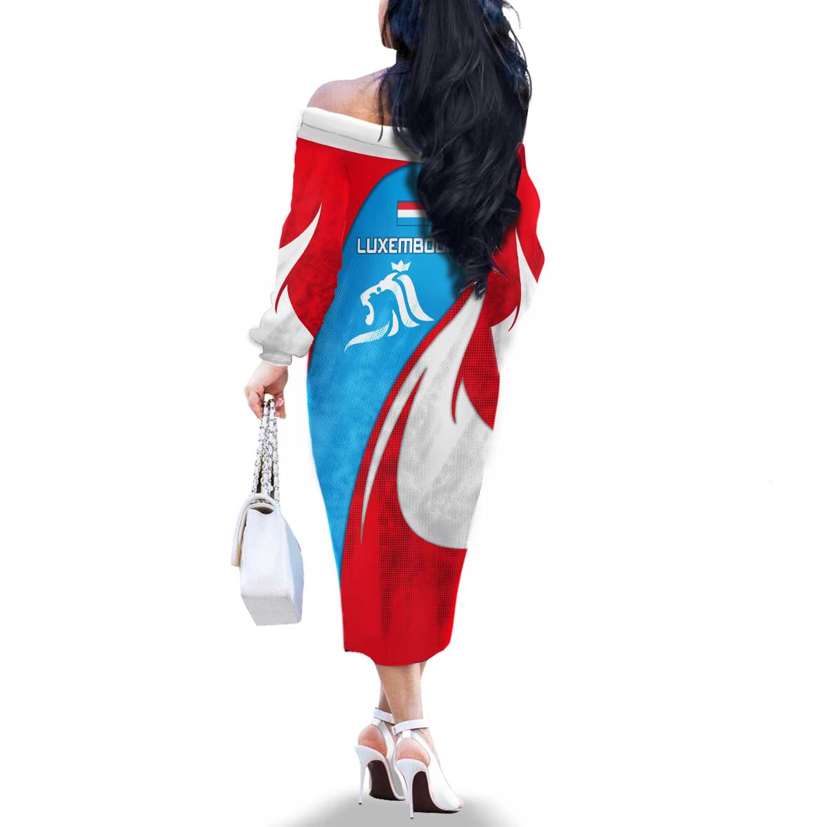 Luxembourg Family Matching Off The Shoulder Long Sleeve Dress and Hawaiian Shirt with National Flag Colors and White Lion Crest Design