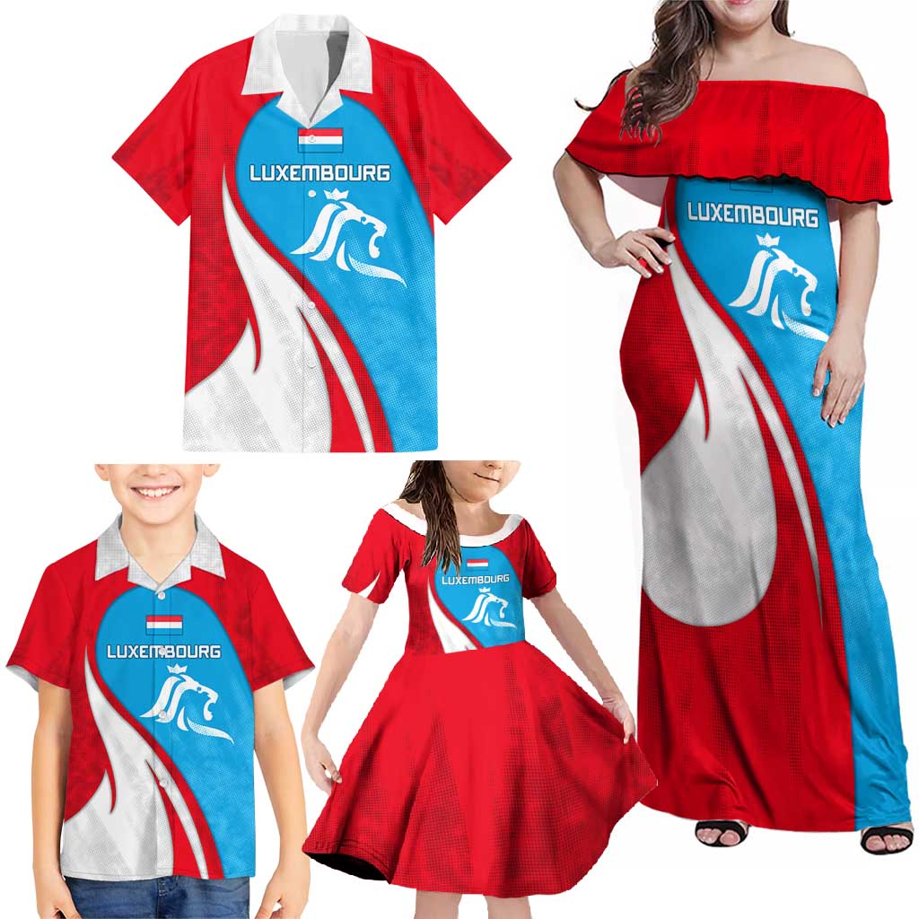 Luxembourg Family Matching Off Shoulder Maxi Dress and Hawaiian Shirt with National Flag Colors and White Lion Crest Design