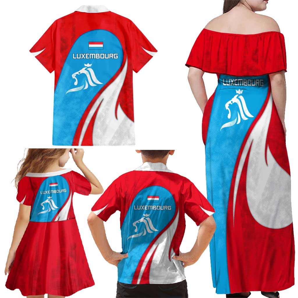 Luxembourg Family Matching Off Shoulder Maxi Dress and Hawaiian Shirt with National Flag Colors and White Lion Crest Design