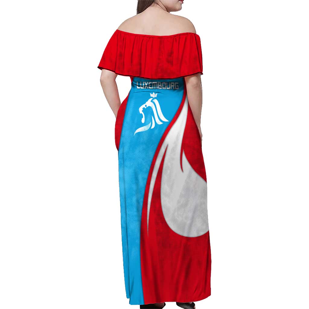 Luxembourg Family Matching Off Shoulder Maxi Dress and Hawaiian Shirt with National Flag Colors and White Lion Crest Design