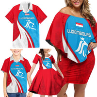 Luxembourg Family Matching Off Shoulder Short Dress and Hawaiian Shirt with National Flag Colors and White Lion Crest Design