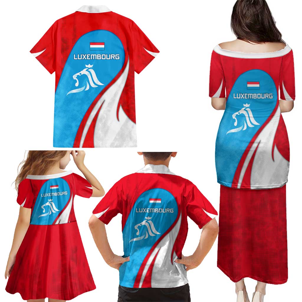 Luxembourg Family Matching Puletasi and Hawaiian Shirt with National Flag Colors and White Lion Crest Design