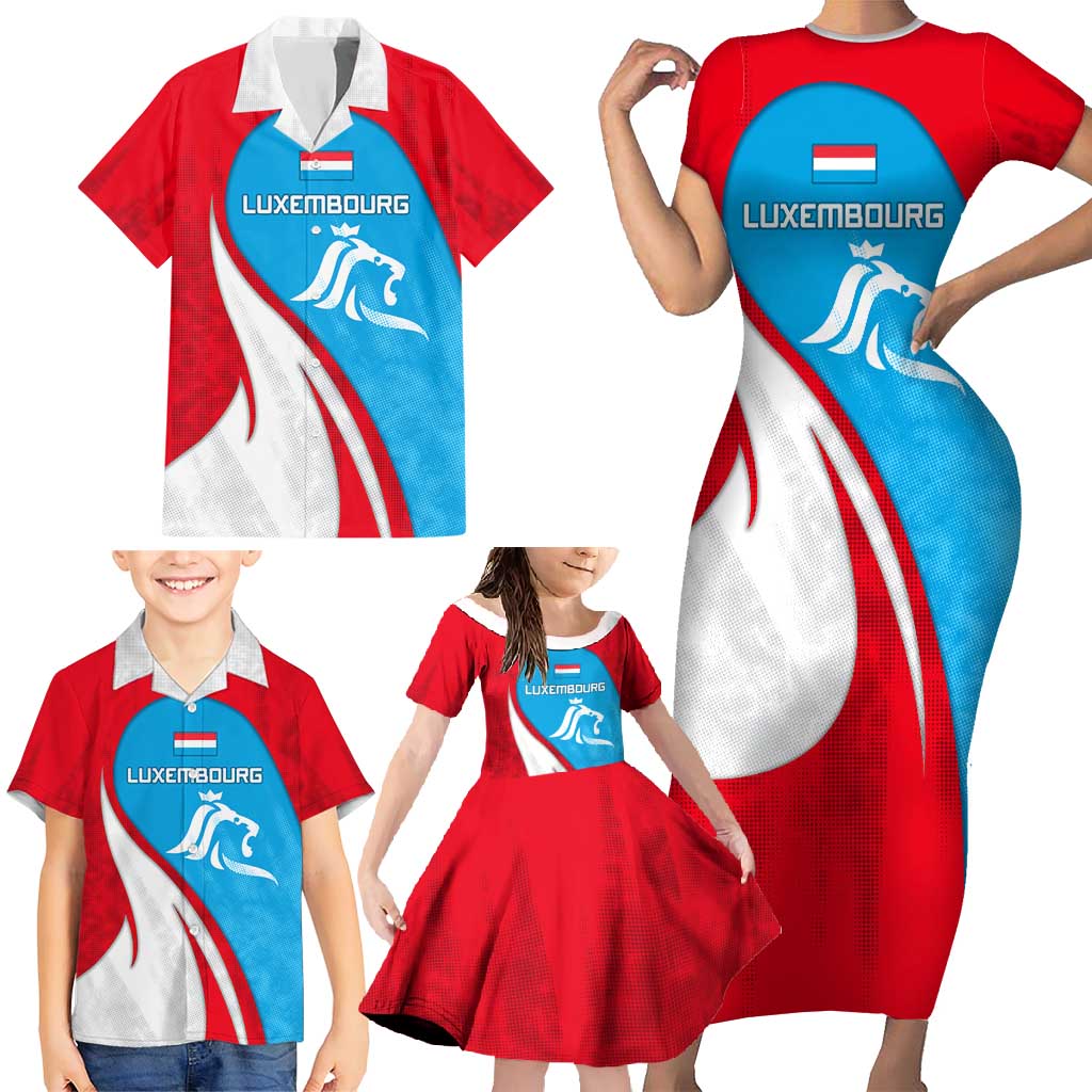Luxembourg Family Matching Short Sleeve Bodycon Dress and Hawaiian Shirt with National Flag Colors and White Lion Crest Design