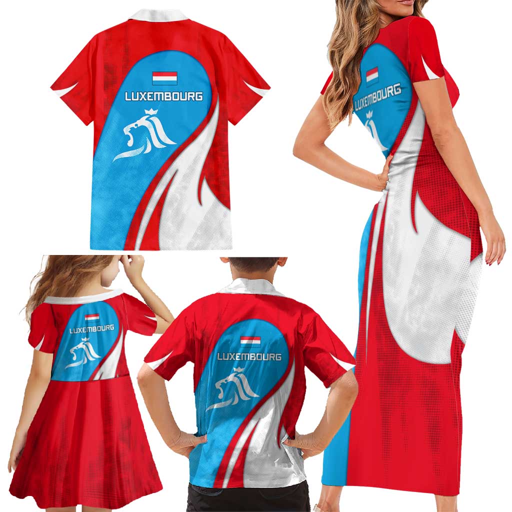 Luxembourg Family Matching Short Sleeve Bodycon Dress and Hawaiian Shirt with National Flag Colors and White Lion Crest Design