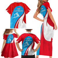 Luxembourg Family Matching Short Sleeve Bodycon Dress and Hawaiian Shirt with National Flag Colors and White Lion Crest Design