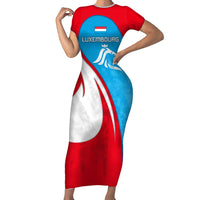 Luxembourg Family Matching Short Sleeve Bodycon Dress and Hawaiian Shirt with National Flag Colors and White Lion Crest Design