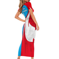 Luxembourg Family Matching Short Sleeve Bodycon Dress and Hawaiian Shirt with National Flag Colors and White Lion Crest Design