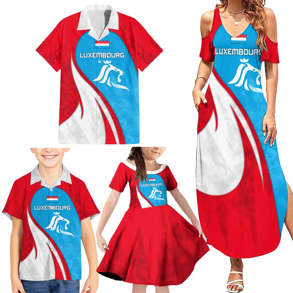 Luxembourg Family Matching Summer Maxi Dress and Hawaiian Shirt with National Flag Colors and White Lion Crest Design