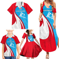 Luxembourg Family Matching Summer Maxi Dress and Hawaiian Shirt with National Flag Colors and White Lion Crest Design