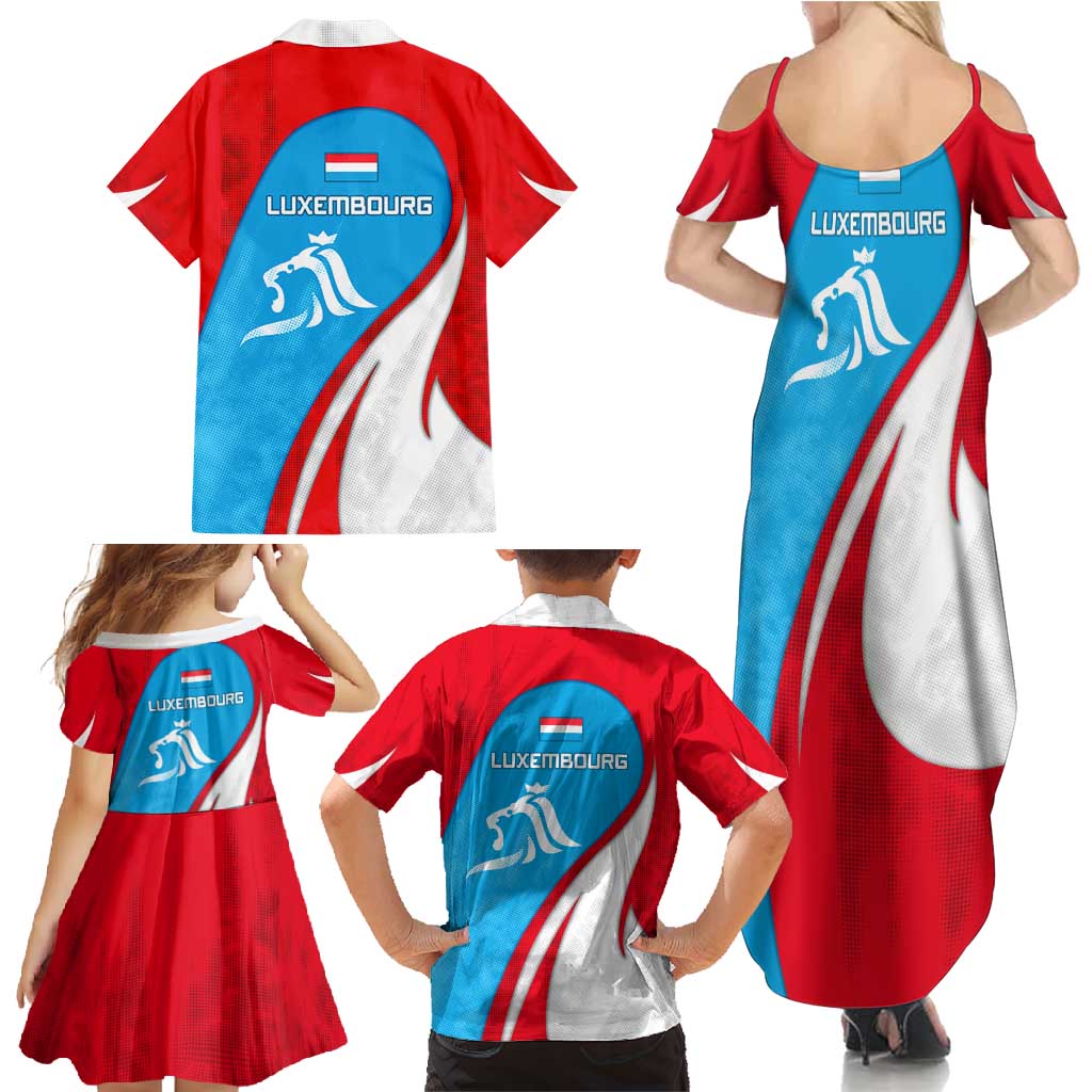 Luxembourg Family Matching Summer Maxi Dress and Hawaiian Shirt with National Flag Colors and White Lion Crest Design