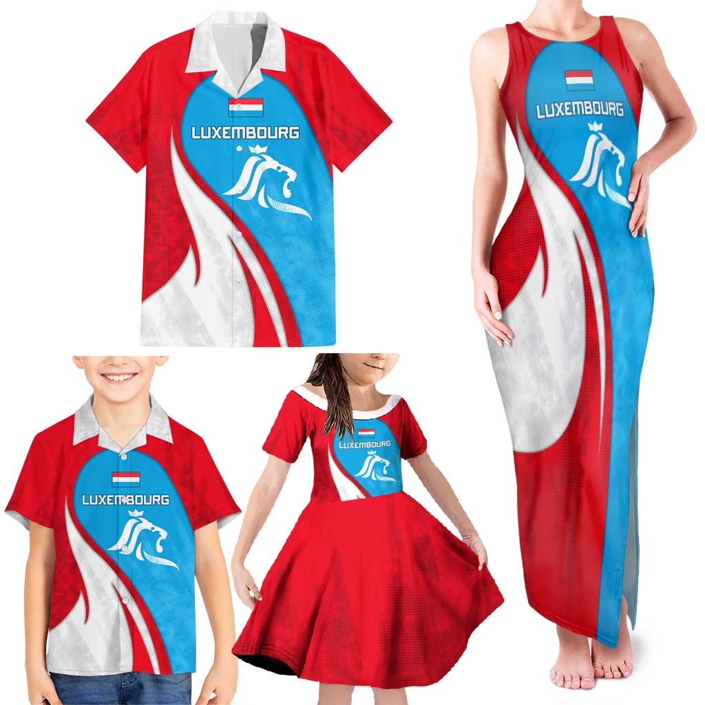 Luxembourg Family Matching Tank Maxi Dress and Hawaiian Shirt with National Flag Colors and White Lion Crest Design
