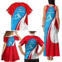 Luxembourg Family Matching Tank Maxi Dress and Hawaiian Shirt with National Flag Colors and White Lion Crest Design