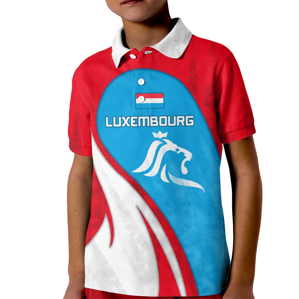 Luxembourg Kid Polo Shirt with National Flag Colors and White Lion Crest Design