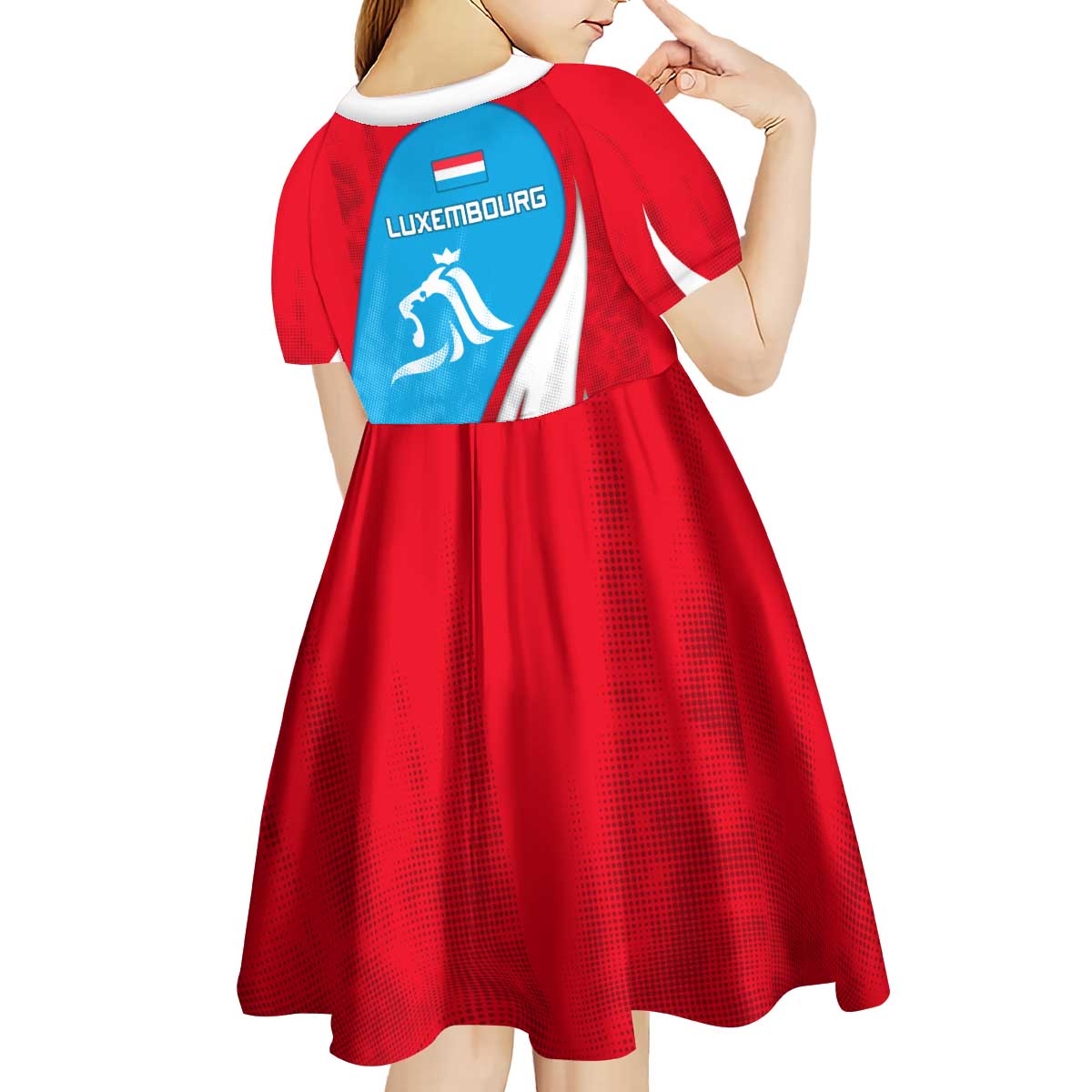 Luxembourg Kid Short Sleeve Dress with National Flag Colors and White Lion Crest Design