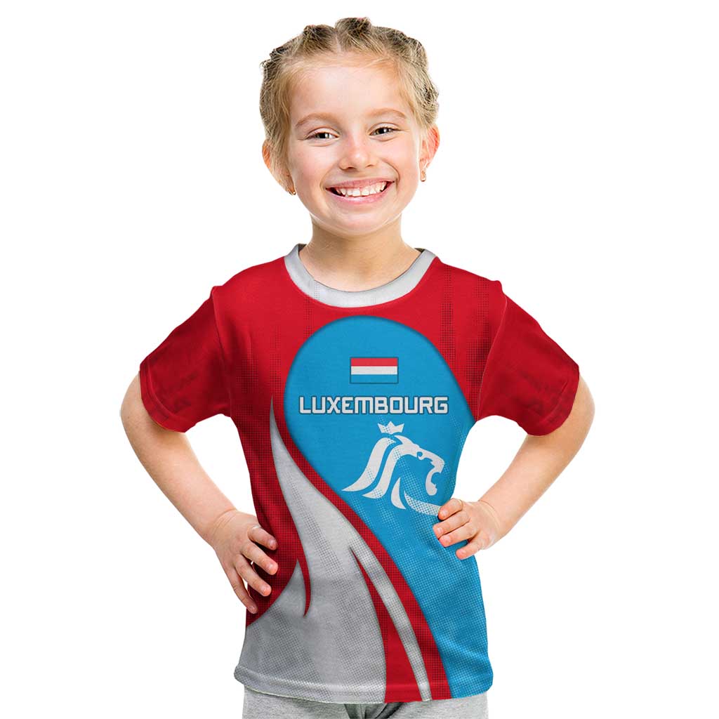 Luxembourg Kid T Shirt with National Flag Colors and White Lion Crest Design