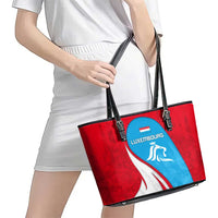 Luxembourg Leather Tote Bag with National Flag Colors and White Lion Crest Design