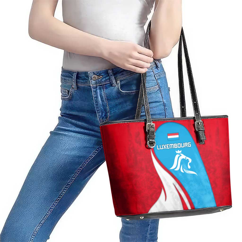 Luxembourg Leather Tote Bag with National Flag Colors and White Lion Crest Design