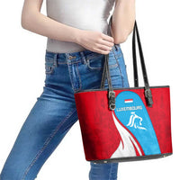 Luxembourg Leather Tote Bag with National Flag Colors and White Lion Crest Design