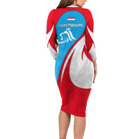 Luxembourg Long Sleeve Bodycon Dress with National Flag Colors and White Lion Crest Design