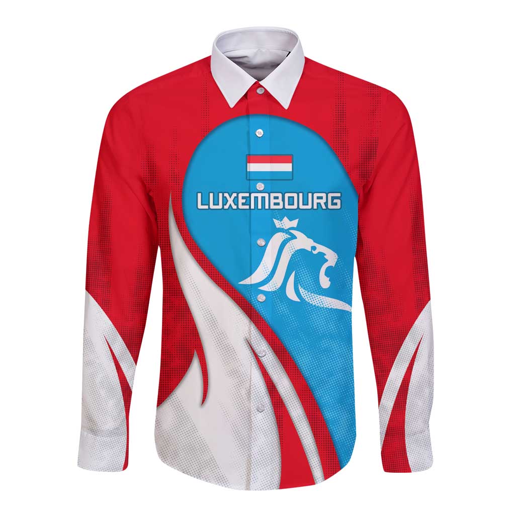 Luxembourg Long Sleeve Button Shirt with National Flag Colors and White Lion Crest Design