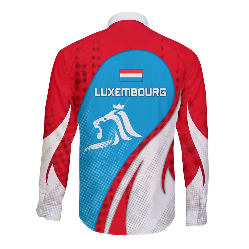 Luxembourg Long Sleeve Button Shirt with National Flag Colors and White Lion Crest Design