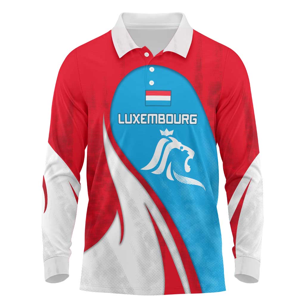 Luxembourg Long Sleeve Polo Shirt with National Flag Colors and White Lion Crest Design