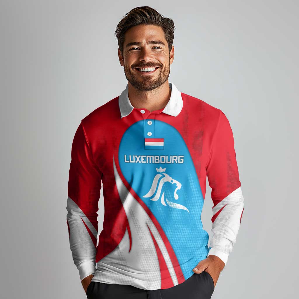Luxembourg Long Sleeve Polo Shirt with National Flag Colors and White Lion Crest Design