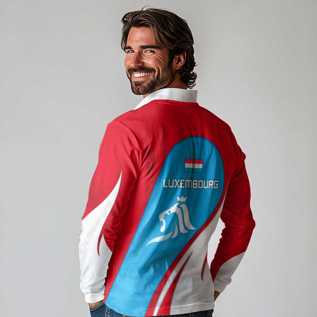 Luxembourg Long Sleeve Polo Shirt with National Flag Colors and White Lion Crest Design