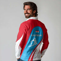 Luxembourg Long Sleeve Polo Shirt with National Flag Colors and White Lion Crest Design