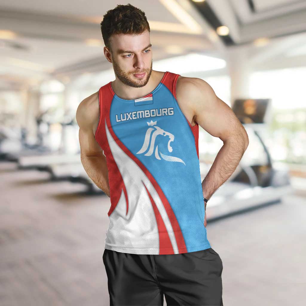 Luxembourg Men Tank Top with National Flag Colors and White Lion Crest Design