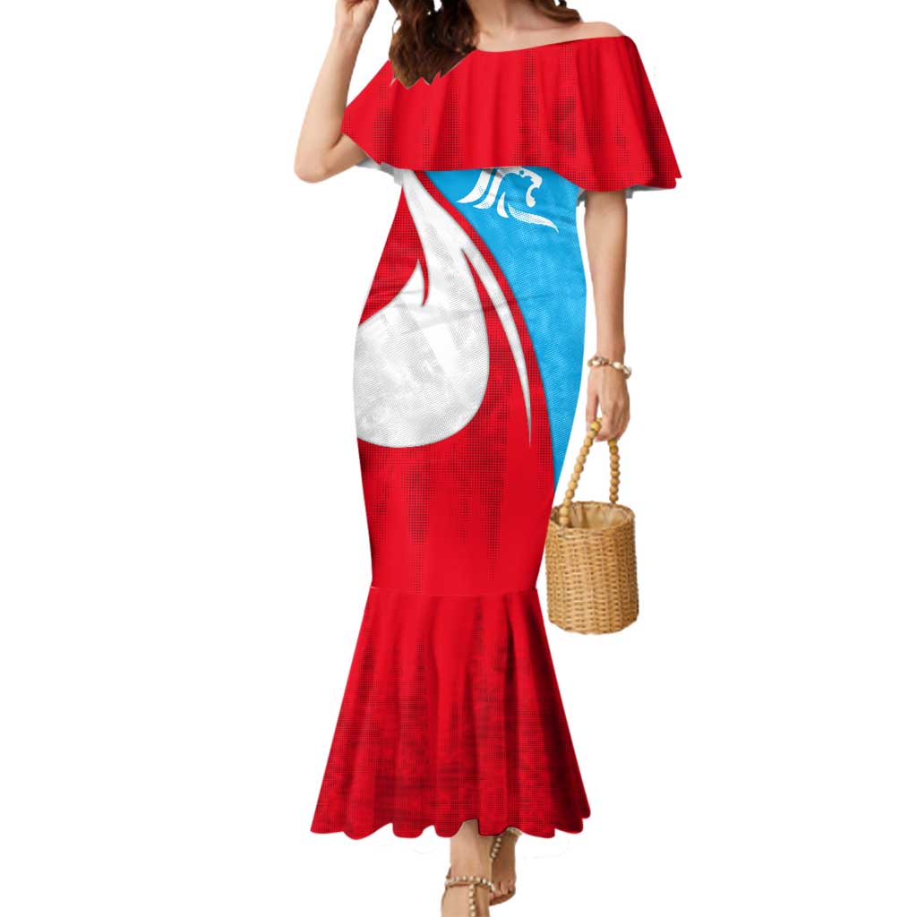 Luxembourg Mermaid Dress with National Flag Colors and White Lion Crest Design